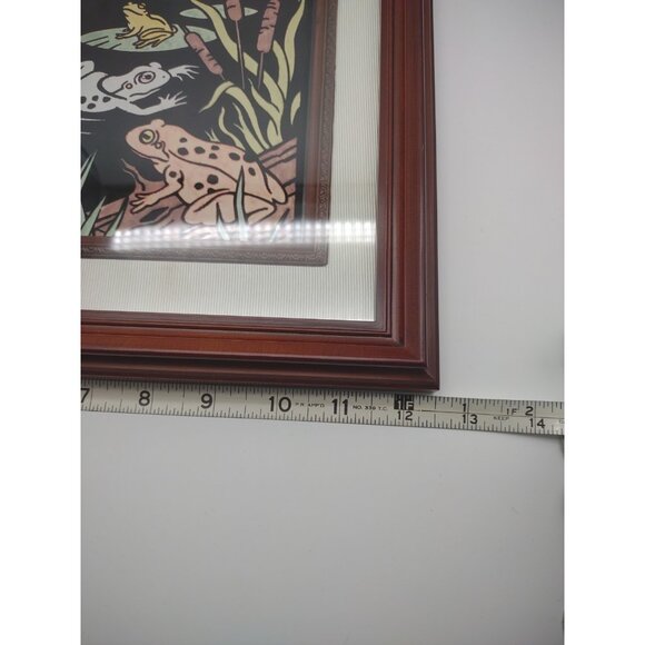 Vintage Dragonfly Frog Toad Pond Swamp Lake Foxtail Black Velvet Framed Painting - Picture 10 of 12